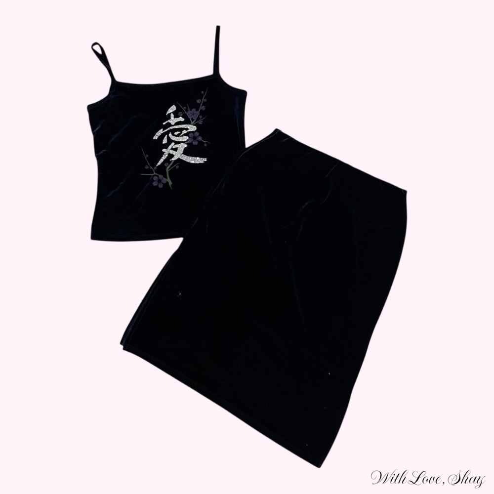 90s vintage navy blue velvet two piece tank and midi skirt set
